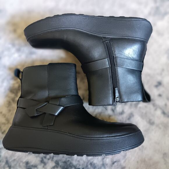 FitFlop F-Mode Folded-Knot Leather Flatform Chelsea Boots Black Size 10 - Picture 6 of 11